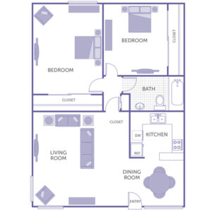 2 bed 1 bath floor plan, kitchen, living room, dining room, 3 closets