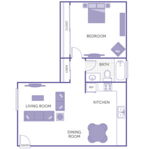 1 bed 1 bath floor plan, kitchen, dining room, living room, 1 closet, 1 linen closet