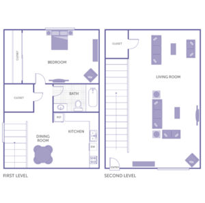 1 bed 1 bath, first level: kitchen, dining room, walk-in closet, bedroom. second level: living room, walk in closet, 1 additional closet