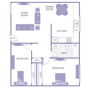 2 bed 1 bath floor plan, kitchen, dining room, living room, 2 closets, 1 linen closet
