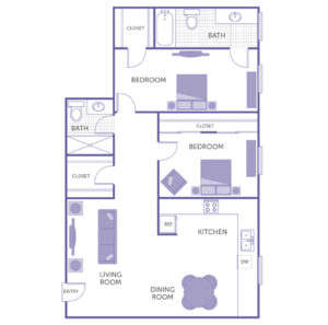 2 bed 2 bath floor plan, kitchen, dining room, living room, 2 walk-in closets, 1 closet